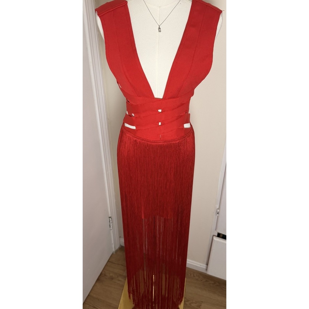 FASHION NOVA Red Fiona Fringe Trim Bandage Mini Dress Sz S - Picture 2 of 10